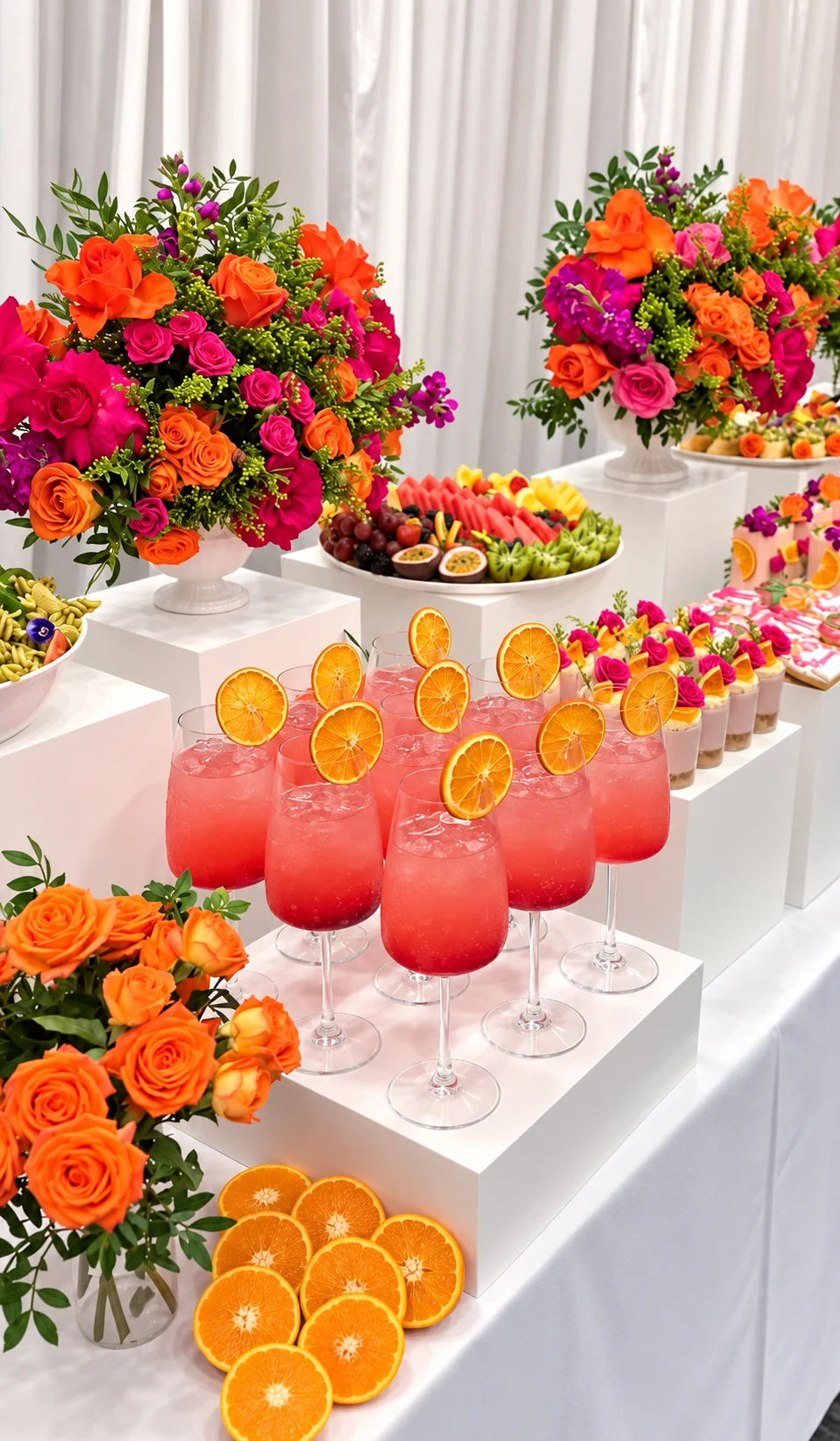 Pink citrus drinks framed by vivid event flowers