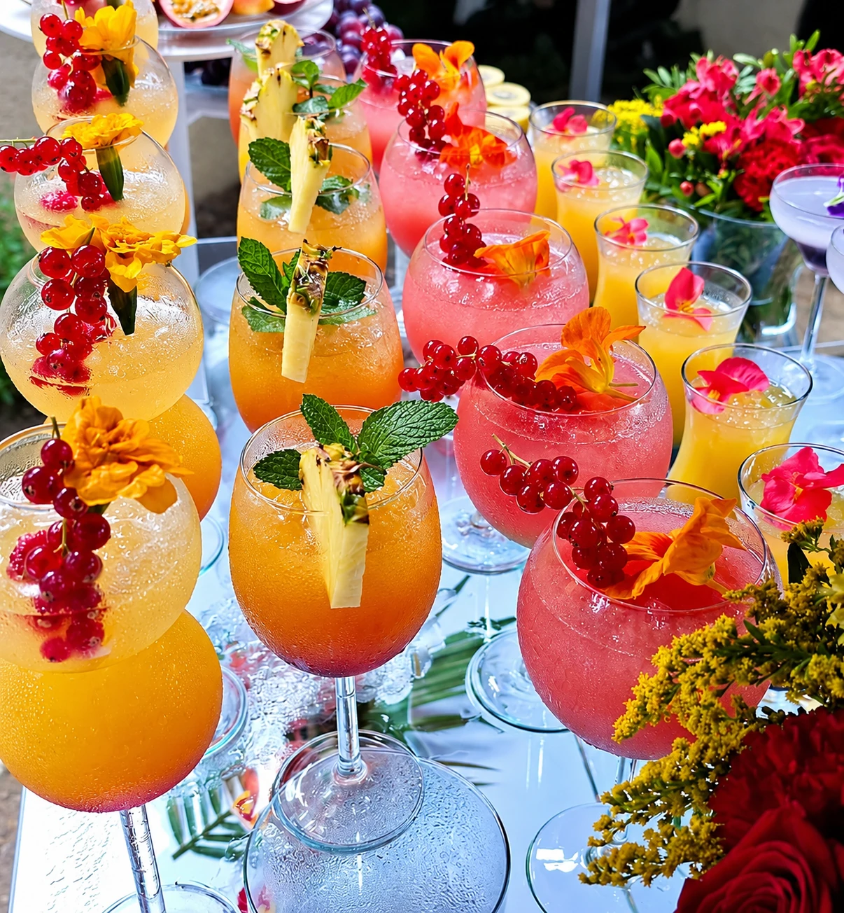 Colourful fruit-garnished mocktails arranged for service