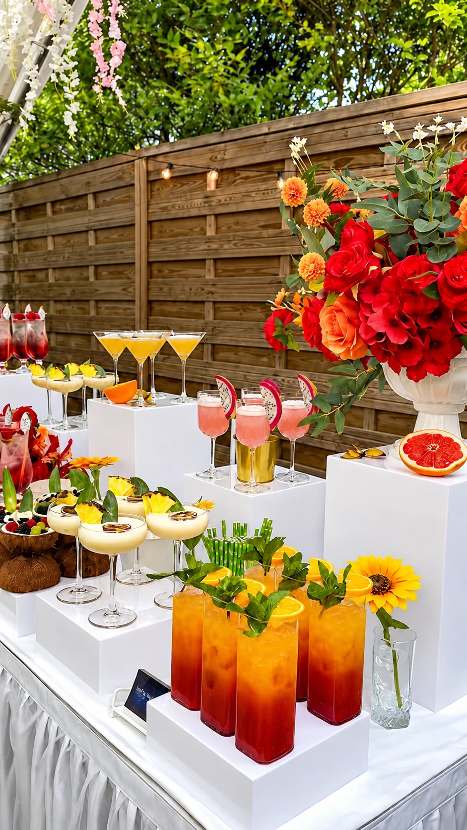 An outdoor mocktail bar with flowers, fruit and layered drinks