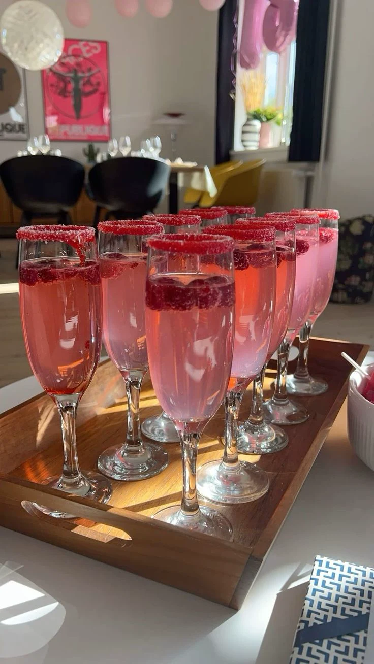 Pink celebration drinks with sugared rims and raspberries