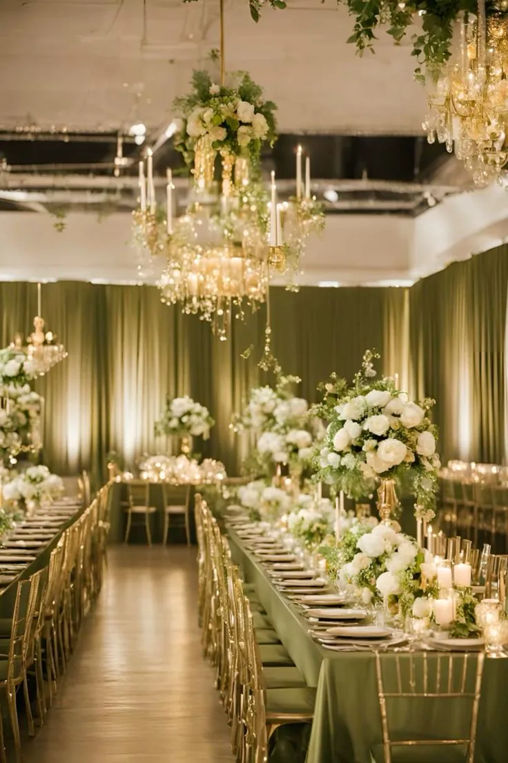 A green and gold wedding reception with long tables, chandeliers and floral centrepieces