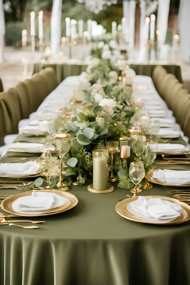 A green and gold table setting with gold plates, glassware and a floral runner