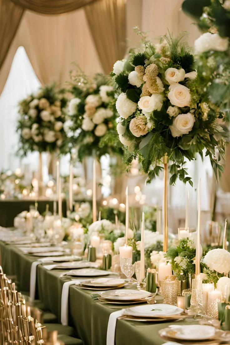 Long banquet tables styled in olive green with gold chairs, floral runners and candlelight