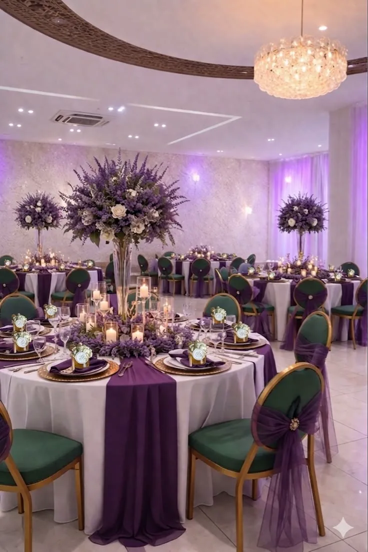 A round table styled in purple and emerald with gold chargers, candles and floral centrepieces