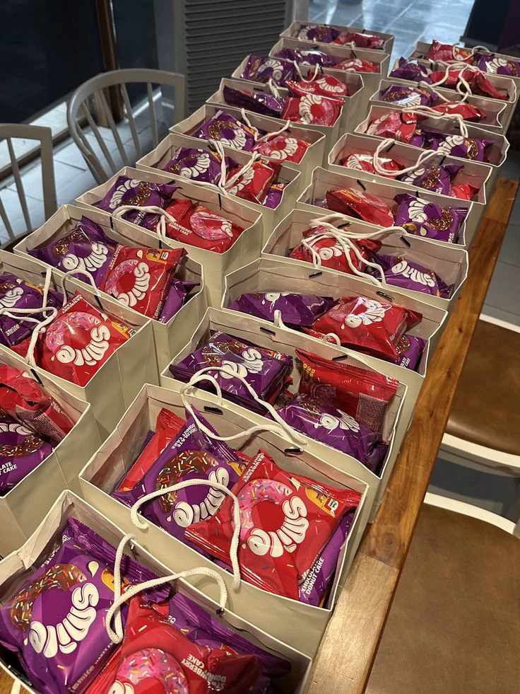 Rows of biscuit gift bags prepared for young guests