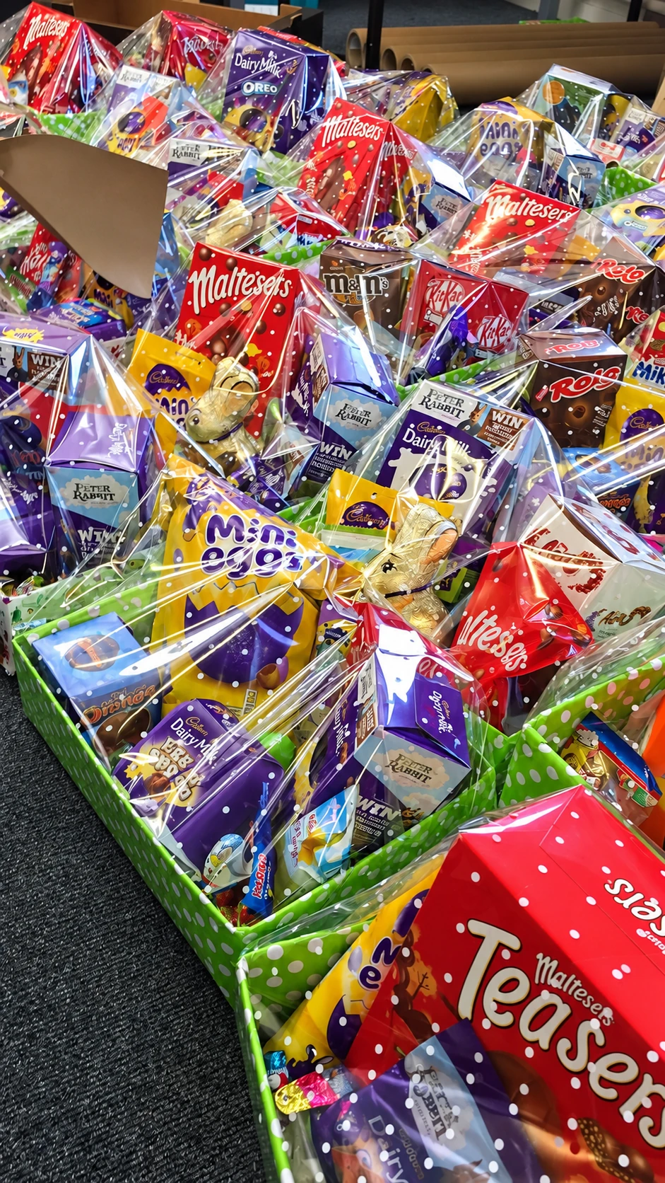 Colourful chocolate hampers prepared for a children's celebration