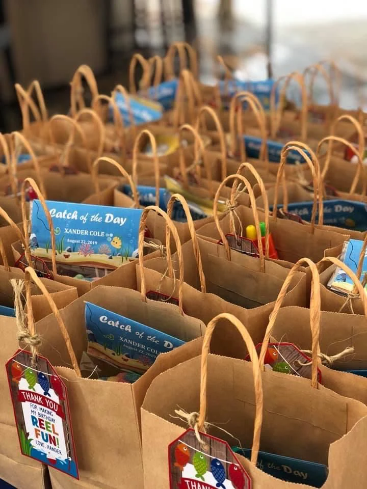 Storybook party bags with personalised thank-you tags