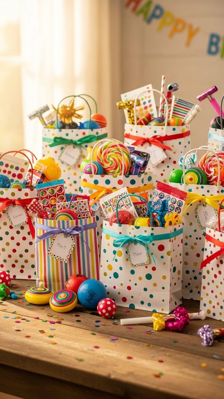 Colourful children's party bags filled with toys, sweets and creative treats