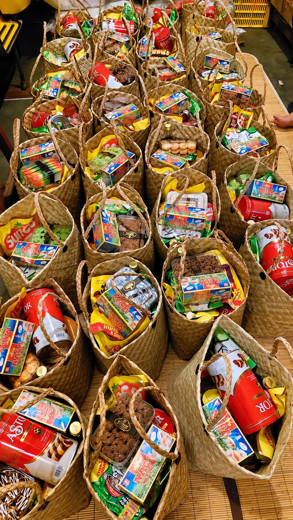 Woven celebration baskets filled with snacks and treats