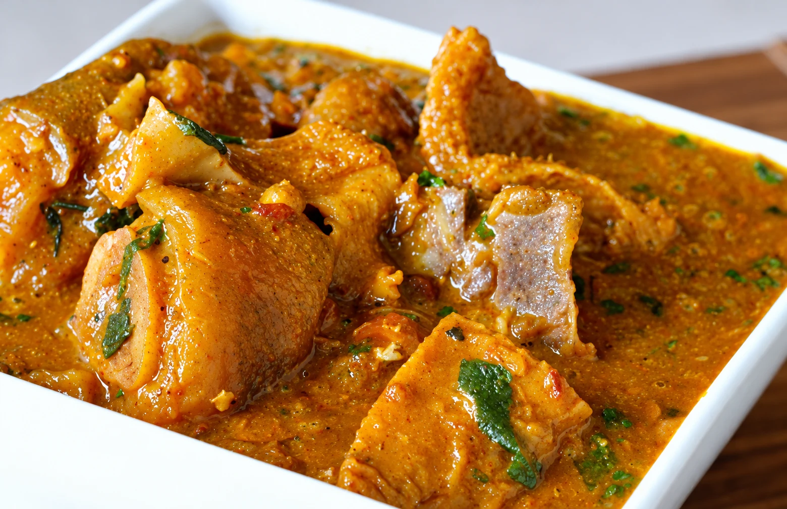 Richly seasoned curry served in a white sharing dish