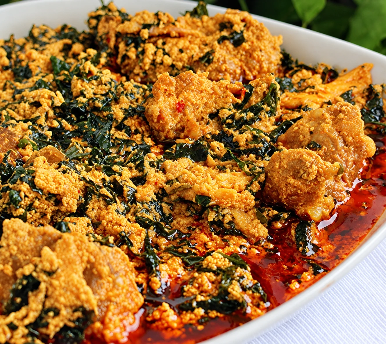 A freshly prepared traditional speciality with greens and a rich sauce