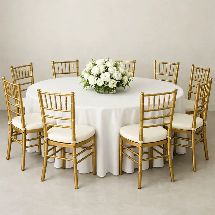 A round table dressed in white linen surrounded by gold Chiavari chairs
