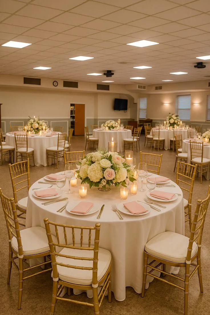 Rows of round tables dressed in white linen with gold Chiavari chairs in a reception room
