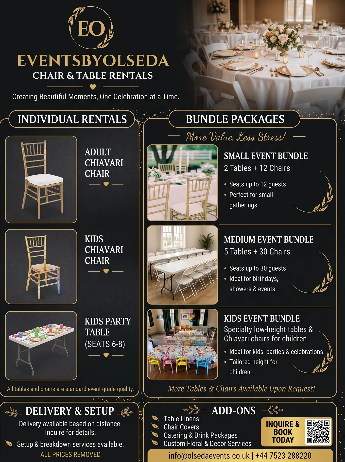 EventsbyOlseda chair and table rental flyer showing adult and kids Chiavari chairs, kids party tables, event bundles, delivery, setup and add-ons